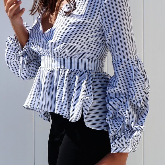 RUFFLE SLEEVE PINSTRIPE BLOUSE - Picture 4 of 8